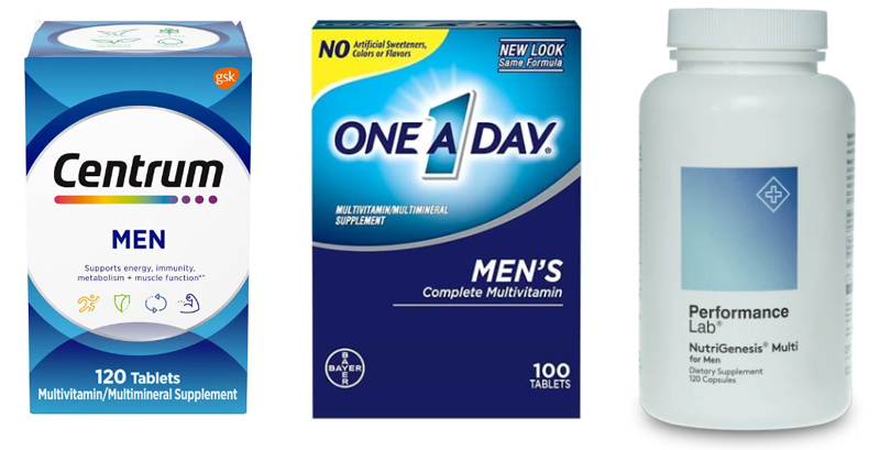 Comparison of Centrum, One A Day & Performance Lab Multivitamin for men